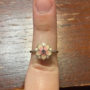 Pandora Pink Enamel Flower Ring with Silver Band
